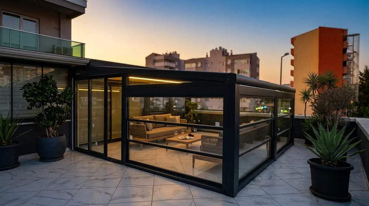 Kış Bahçesi ve Cam Oda · Çatı teras gün batımı kış bahçesi