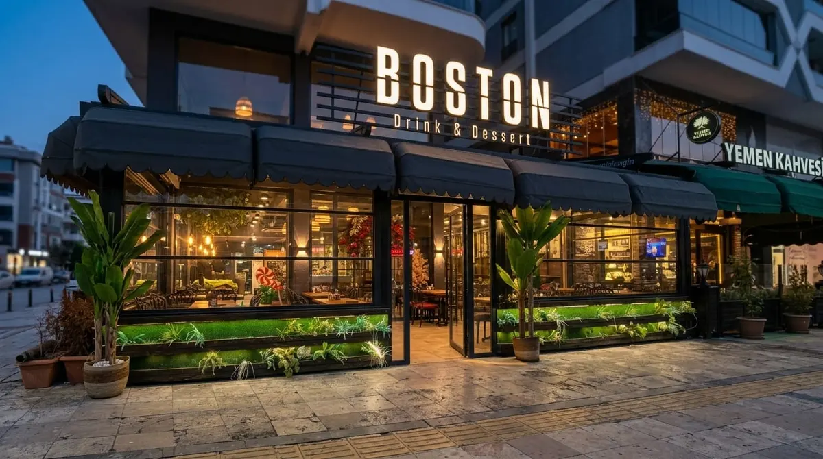 Cafe Boston · Cafe Boston dış cephe tente cam